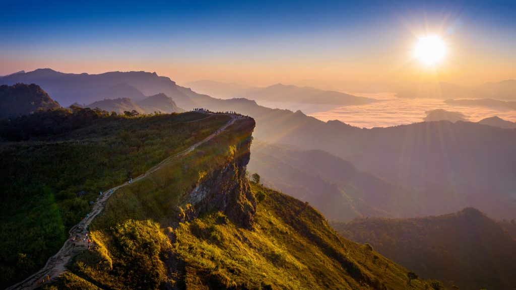 Aerial view Phu chi fa and morning fog at sunrise, Chiang rai, T